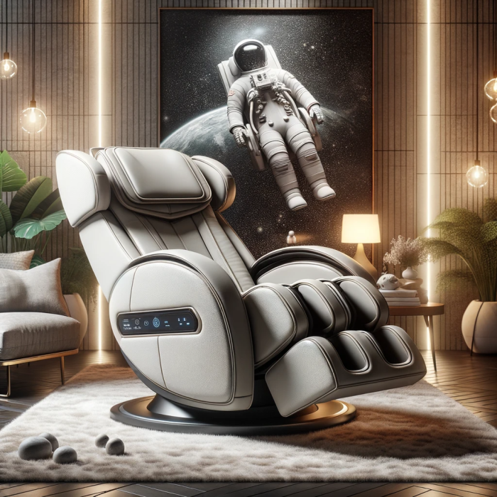 Luxurious zero gravity massage chair in its reclined position set in a modern living room, with a subtle illustration of an astronaut in the background symbolizing the concept of weightlessness.